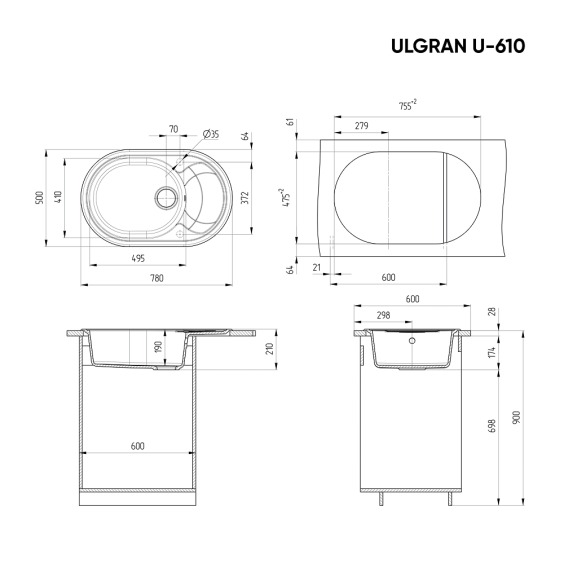 Мойка для кухни из искусственного камня Ulgran U-610-308, черный #2