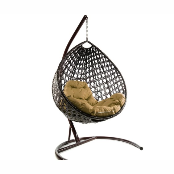 Комплект подвесное кресло Капля Люкс с ротангом коричневое, бежевая подушка #1