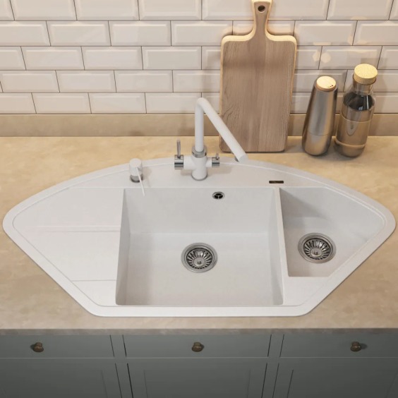 Кухонная мойка кварцевая Uperwood Quartz UPD-06-01, угловая двухсекционная, белая #5