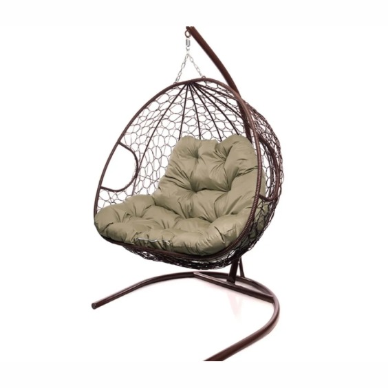 Подвесное кресло для двоих с ротангом коричневое, бежевая подушка #2