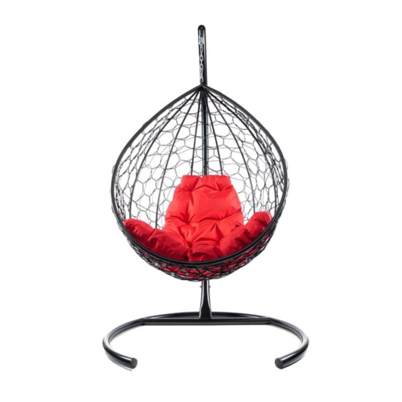 Комплект подвесное кресло Капля с ротангом черное, красная подушка #1