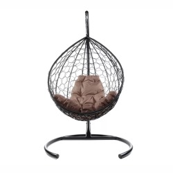Комплект подвесное кресло Капля с ротангом черное, коричневая подушка