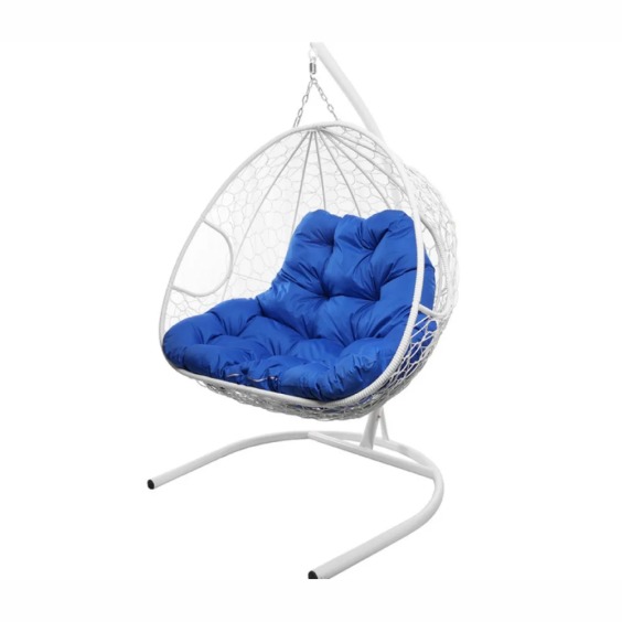 Подвесное кресло для двоих с ротангом белое, синяя подушка #2