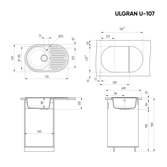 Мойка для кухни из искусственного камня Ulgran U-107-344, ультра-черный #2