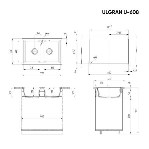 Мойка для кухни из искусственного камня Ulgran U-608-342, графит #2