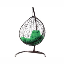 Комплект подвесное кресло Капля с ротангом коричневое, зеленая подушка