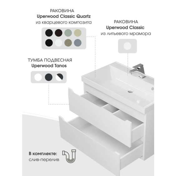 Раковина для ванной Uperwood Classic 80х45х15 см, белая матовая #4