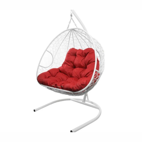 Подвесное кресло для двоих с ротангом белое, красная подушка #2 Подвесное кресло для двоих с ротангом белое, красная подушка #2