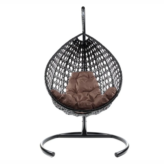 Комплект подвесное кресло Капля Люкс с ротангом черное, коричневая подушка #1