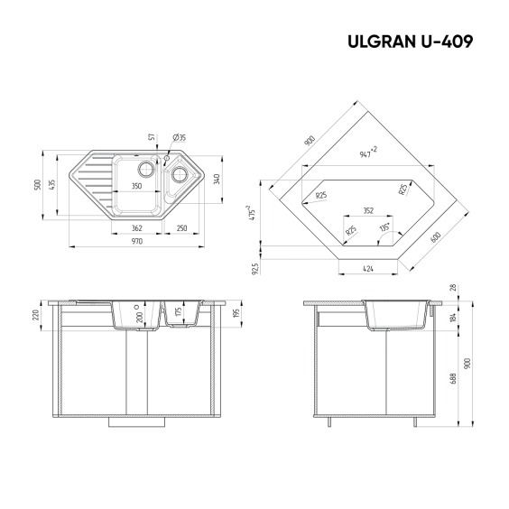 Мойка для кухни из искусственного камня Ulgran U-409-309, темно-серый #2