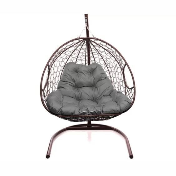 Подвесное кресло для двоих с ротангом коричневое, серая подушка #1
