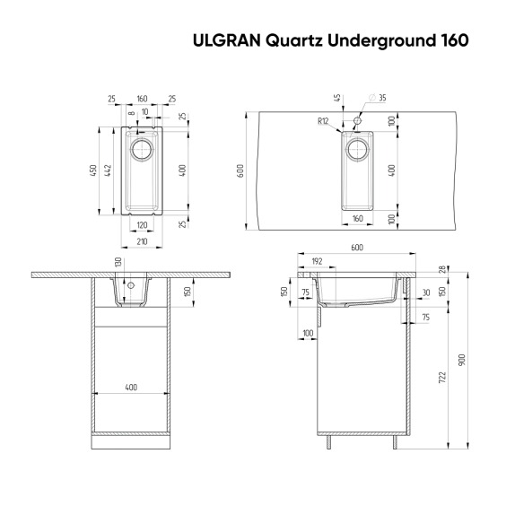 Мойка для кухни кварцевая Ulgran Quartz Underground 160-08, космос #2