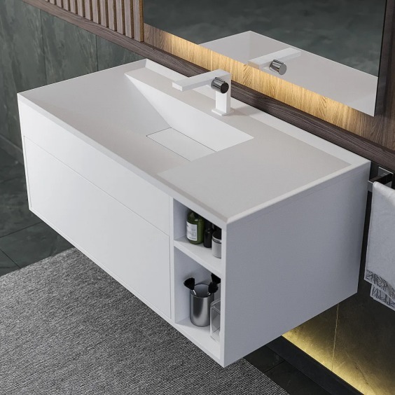 Раковина для ванной кварцевая Uperwood Lotus Quartz 100х50х13 см, белая матовая, жасмин #7