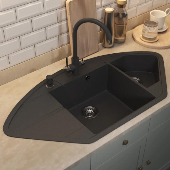 Кухонная мойка кварцевая Uperwood Quartz UPD-06-04, угловая двухсекционная, черная #7