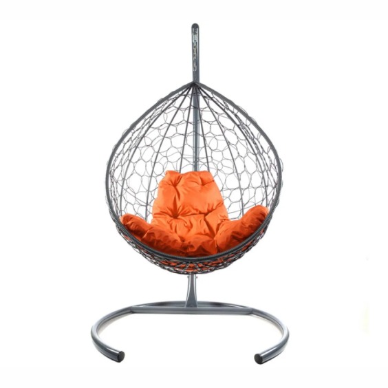 Комплект подвесное кресло Капля с ротангом серое, оранжевая подушка #2