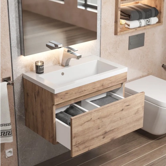 Тумба под раковину для ванной подвесная Uperwood Eva 57х47х35 см, Крафт Табачный, выдвижной ящик #10