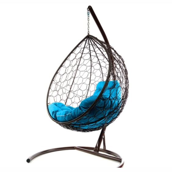 Комплект подвесное кресло Капля с ротангом коричневое, голубая подушка #2