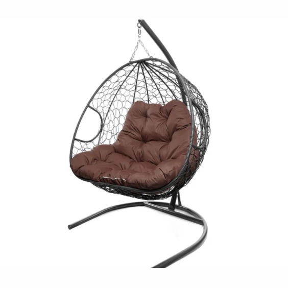 Подвесное кресло для двоих с ротангом серое, коричневая подушка #2