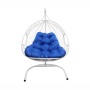 Подвесное кресло для двоих с ротангом белое, синяя подушка