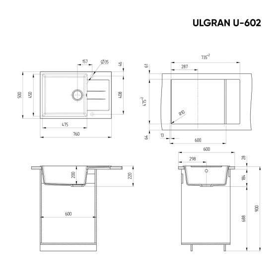 Мойка для кухни из искусственного камня Ulgran U-602-341, ультра-белый #3