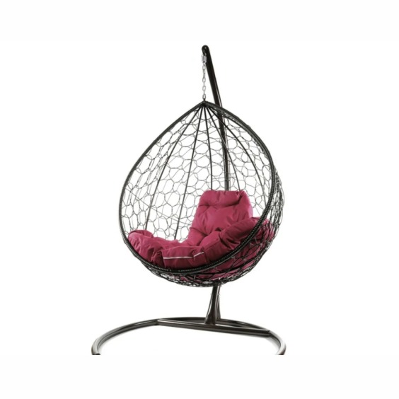 Комплект подвесное кресло Капля с ротангом коричневое, бордовая подушка #1