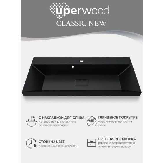 Раковина для ванной 100 см, Uperwood Classic New, черная глянцевая, с накладкой для слива #4
