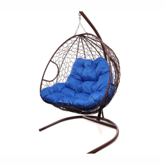 Подвесное кресло для двоих с ротангом коричневое, синяя подушка #2