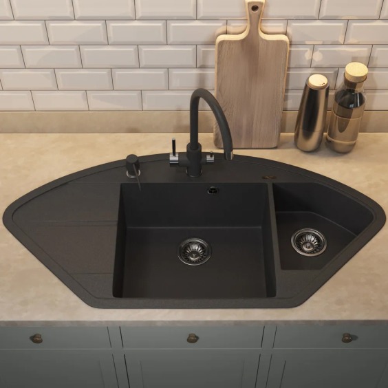 Кухонная мойка кварцевая Uperwood Quartz UPD-06-04, угловая двухсекционная, черная #6