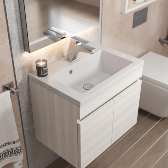 Тумба с раковиной для ванной подвесная Uperwood Eva 49х35х43 см, Дуб Харбор Белый, с дверцами #9