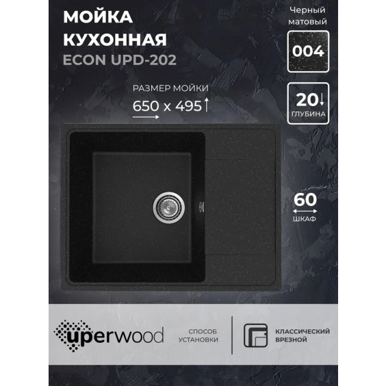 Кухонная мойка из искусственного камня Uperwood Econ UPD-202-004, прямоугольная, черная матовая #2