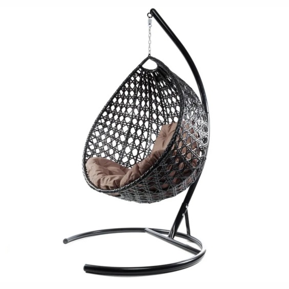Комплект подвесное кресло Капля Люкс с ротангом черное, бежевая подушка #2