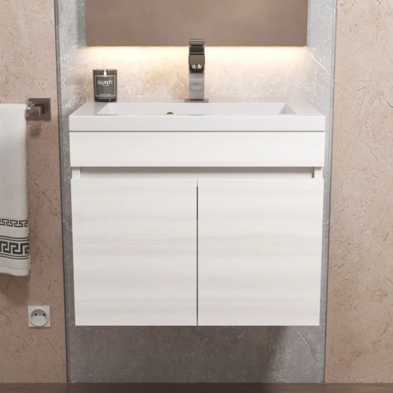 Тумба с раковиной для ванной подвесная Uperwood Eva 49х35х43 см, Дуб Харбор Белый, с дверцами #8