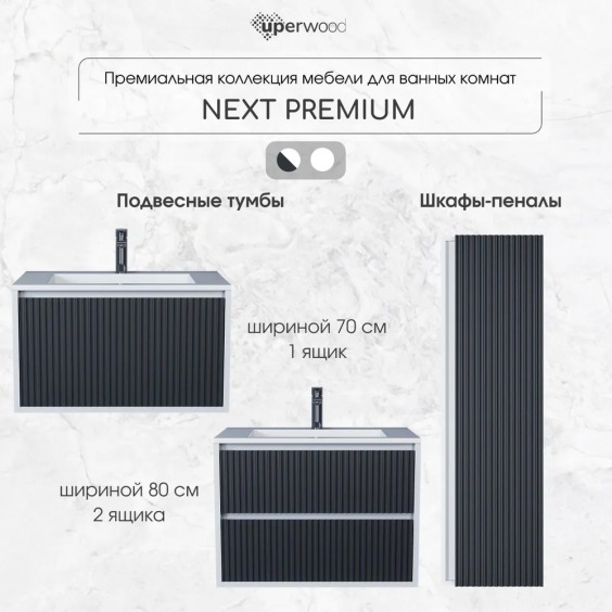 Тумба с раковиной для ванной подвесная Uperwood Next Premium 70х45х42 см, белая/графит, 1 ящик #8