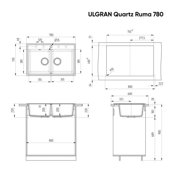 Мойка для кухни кварцевая Ulgran Quartz Ruma 780-04, платина #2