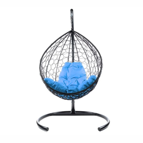 Комплект подвесное кресло Капля с ротангом черное, голубая подушка #1