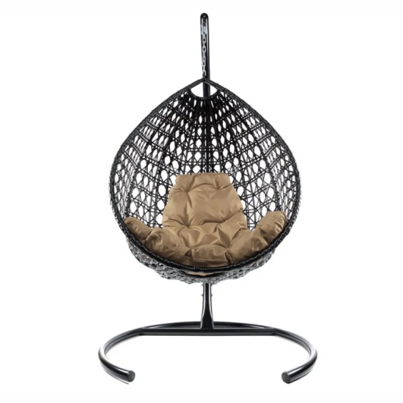 Комплект подвесное кресло Капля Люкс с ротангом черное, бежевая подушка #1