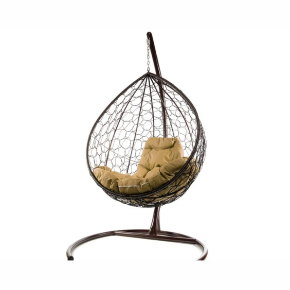 Комплект подвесное кресло Капля с ротангом коричневое, бежевая подушка #1