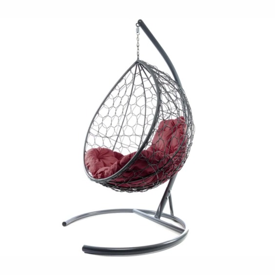 Комплект подвесное кресло Капля с ротангом серое, бордовая подушка #1