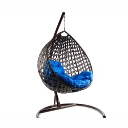 Комплект подвесное кресло Капля Люкс с ротангом коричневое, синяя подушка