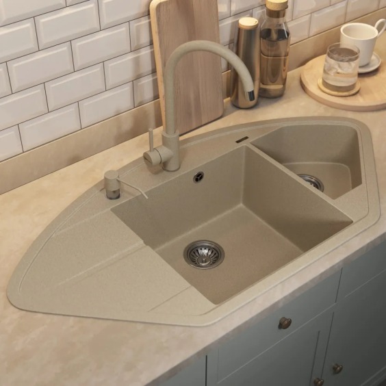Кухонная мойка кварцевая Uperwood Quartz UPD-06-02, угловая двухсекционная, бежевый #6