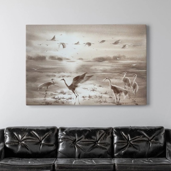 Интерьерная картина "Журавли в бежевом" на холсте, большая, 50х80 см #1