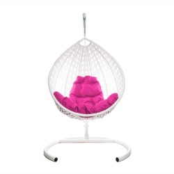 Комплект подвесное кресло Капля Люкс с ротангом белое, розовая подушка