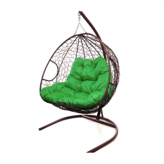 Подвесное кресло для двоих с ротангом коричневое, зеленая подушка #2