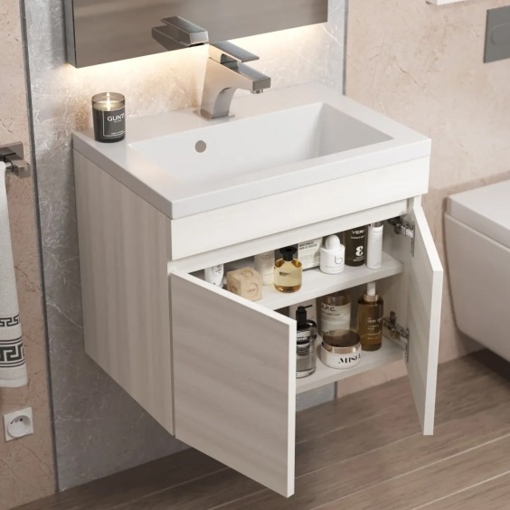 Тумба с раковиной для ванной подвесная Uperwood Eva 49х35х43 см, Дуб Харбор Белый, с дверцами #10