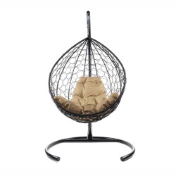 Комплект подвесное кресло Капля с ротангом черное, бежевая подушка