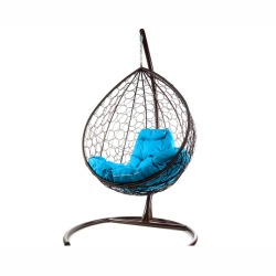 Комплект подвесное кресло Капля с ротангом коричневое, голубая подушка