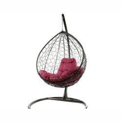 Комплект подвесное кресло Капля с ротангом коричневое, бордовая подушка