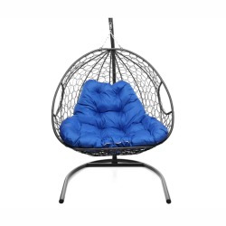 Подвесное кресло для двоих с ротангом серое, синяя подушка