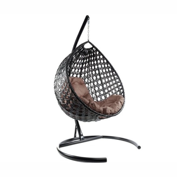 Комплект подвесное кресло Капля Люкс с ротангом черное, коричневая подушка #2