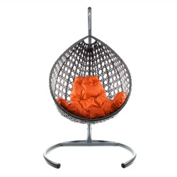 Комплект подвесное кресло Капля Люкс с ротангом серое, оранжевая подушка